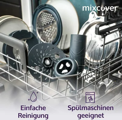 Dishwasher rack with various kitchen appliance parts, likely for a food processor or blender.