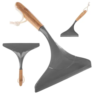 A set of three images of a gray squeegee with a wooden handle, presented on a white background.