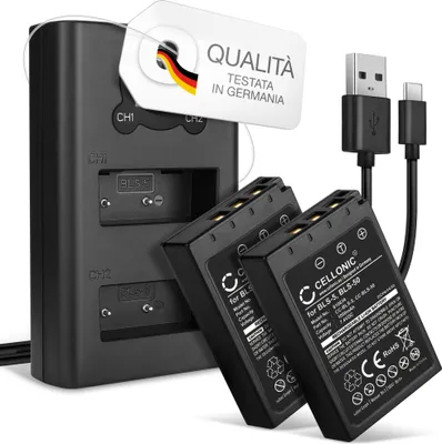 Immagine prodotto di CELLONIC 2x Batteria per Fotocamera Compatibile con Olympus Pen E-PL8, Pen E-PL7, OM-D E-M10 Mark II, BLS-50 – (1000mAh, 7.4V) + Caricabatterie Doppio
