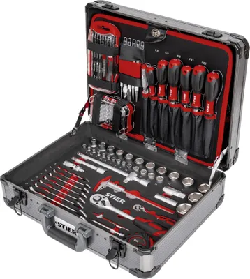 Produktbild von STIER Universal-Werkzeugsortiment im Aluminiumkoffer 144-teilig, Werkzeugkoffer bestückt gefüllt, Werkzeug Set, 4 Fächer mit Schraubendrehern, Scheren, Zangen, Säge u.v.m.
