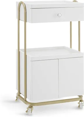 Produktbild von Servierwagen mit Rollen & Schublade, Rollwagen Friseurwagen Weiß-Gold, Salon Trolley mit 2 Ablagen und Schrank, Moderner Arbeitswagen für Bad Wohnzimmer, 36x50x87cm, 0086