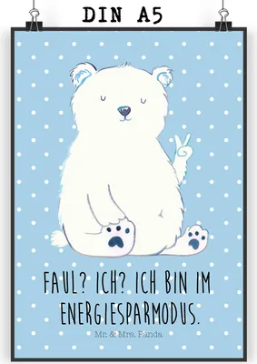 Produktbild von Mr. & Mrs. Panda Bild Eisbär Faul DIN A5 - Blau Pastell - Geschenk, Arbeit, wanddeko, Wandbild, Teddy, drucke, Büro, Entspannen, Plakat, Nordpol, kunstdruck poster, Bär