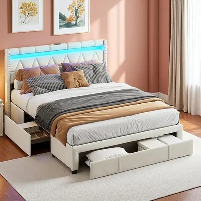 Image de Lit 160x200, lit double rembourré avec tête de lit LED et ports USB, lit coffre avec structure de lit et 4 tiroirs, lit pour adolescents avec sommier à lattes, sans matelas, lin, beige