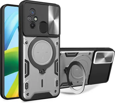 Obrázek produktu pro Pouzdro pro Xiaomi Redmi 12C dvojvrstvé odolné pouzdro s ochranným krytem kamery a kruhovým stojánkem na prsten Stříbro