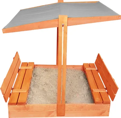 Produktbild von Ladanas® Sandkasten Holz- IMPRÄGNIERT -140 x 140 cm -Sandkiste Kinder incl. VLIES und ABDECKPLANE - faltbaren Bänken & verstellbarem Dach (Grau)- UV50- & Sonnendach