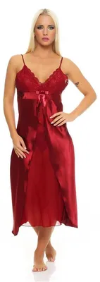 Produktbild von Damen langes Negligé Nachtwäsche Nachtkleid Dessous Satin; Dunkelrot S