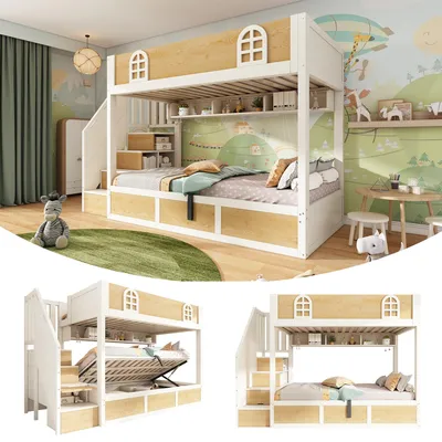 Image de Lit superposé pour enfants 90 x 200 cm, blanc naturel | Lit superposé avec escalier intégré et espace de rangement | Lit mezzanine robuste en MDF et contreplaqué, avec sommier à lattes (matelas non inclus)