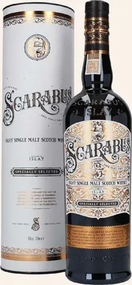 A bottle of Scarabus Islay Single Malt Scotch Whisky and its presentation tube.