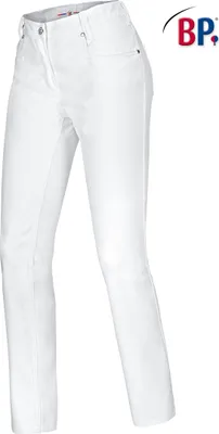 A pair of white women's jeans shown from the front.