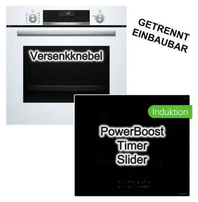 Produktbild von Herdset Bosch Air Fry 3D Heißluft AutoPilot 10 weiss + keenberk Induktionskochfeld Booster Touch Slider Glaskeramik
