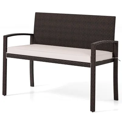 Produktbild von COSTWAY Polyrattan Gartenbank mit Sitzkissen, Balkontank wetterfest, 2-Sitzer Sitzbank bis 360 kg belastbar, Terrassenbank 110x56x84cm Beige