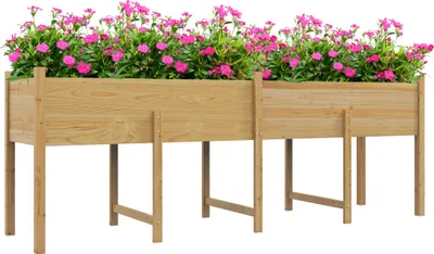 Image de Outsunny Jardinière sur pieds, carré potager de jardin sur pieds avec inserts d'irrigation et feutre de drainage potager surélevé en bois pour fleurs, herbes, légumes, 225 x 55 x 80 cm, bois naturel