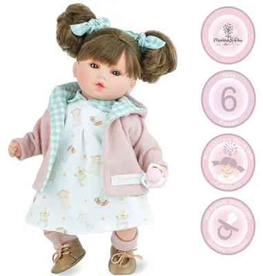 Realistische Spielpuppe Lotti 40 cm mit Soft-Body, braunen Haaren in zwei Zöpfen, Schleifen, Kleid und rosa Strickjacke, inklusive Schnuller.