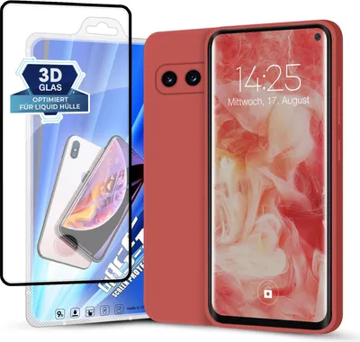 A red phone case and a screen protector are displayed next to each other.