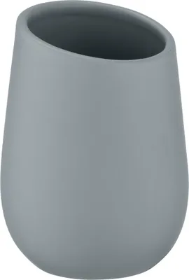A gray ceramic toothbrush holder.