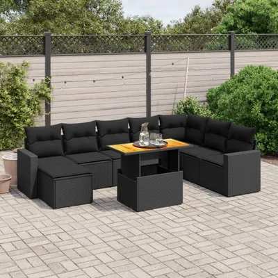 Produktbild von Design 9-tlg. Garten-Sofagarnitur mit Kissen Schwarz Poly Rattan, Gartenmöbel-Sets 2024 Neu