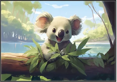 Produktbild von Wallario Wandbild Australische Idylle: Der lächelnde Koala, Größe: 70,30 x 100,30 cm, Poster mit schwarzem Aluminiumrahmen