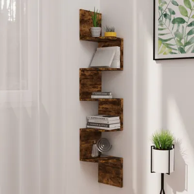 Productafbeelding van De Living Store wandplank, hoekmodel, gerookt eikenhout, 19x19x123 cm, houtvezel