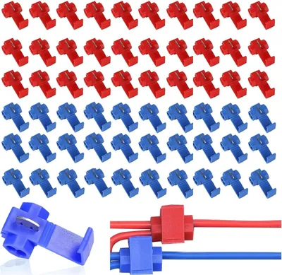 Produktbild von 100 Stück Abzweigverbinder Set, Kfz Stromdiebe, Stromdiebe Schnellverbinder, Kabelabzweiger Quickverbinder, Draht Kabelstecker Schloss Terminal (Rot, Blau)