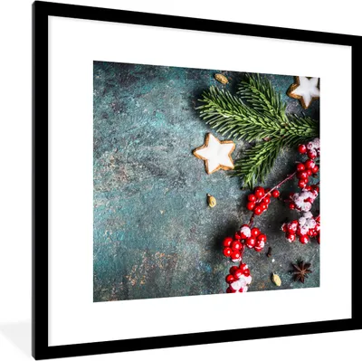 Produktbild von MuchoWow® Gerahmtes Poster Weihnachten - Rustikal - Zweige - Sternanis - Beeren - Rot 40x40 cm - Poster mit Schwarzem Bilderrahmen Wandposter Rahmen Foto Bilder - Poster - Plakat im Rahmen