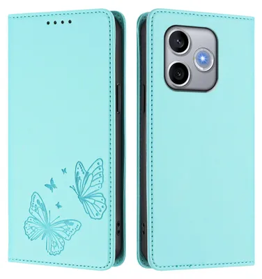 Image de Étui en cuir pour Honor 600 Lite, étui de protection type portefeuille en cuir gaufré motif papillon avec support, couleur turquoise