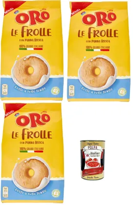 Produktbild von Oro Saiwa, Le Frolle con Panna Fresca- Italienische Mürbeteigkekse mit Sahnegeschmack,biscuits 100% italienische Milch, 3x 350g + Italian Gourmet polpa 400g