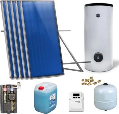 Produktbild von Solaranlage Solarpaket 5 Kollektoren Speicher Flachdach Flachkollektor Speicher
