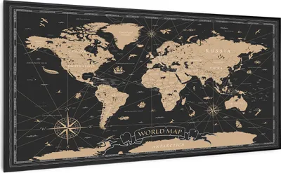 A world map with a black background and gold continents, featuring decorative elements like ships and compasses.