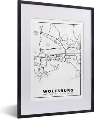 Produktbild von MuchoWow® Gerahmtes Poster Wolfsburg - Karte - Stadtplan 30x40 cm - Poster mit Schwarzem Bilderrahmen Wandposter Rahmen Foto Bilder - Wandposter Schlafzimmer