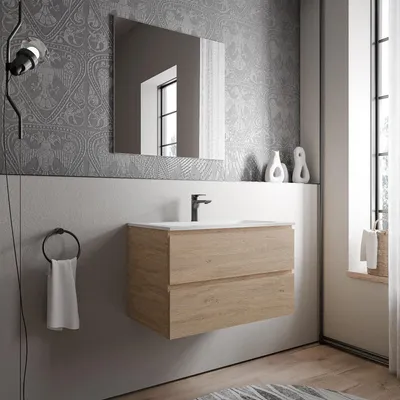 Produktbild von Unterschrank AVA 80 cm mit Mineralguss Waschbecken BRUXELLES - Farbe wählbar, Auswahl Waschbecken:Weiß matt mit Hahnloch, Farbe Badmöbel:Eiche Honiggold