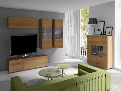 Produktbild von Wohnzimmer-Set CALABRINI-6 Wohnwand Hängewohnwand Schrankwand mit LED-Beleuchtung TV-Schrank Vitrine Kommode Moderne Anbauwand (Goldene Eiche)