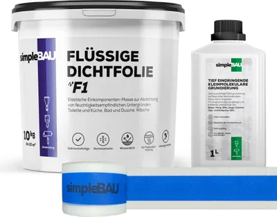 Produktbild von SimpleBau Flüssigfolie Dichtfolie F1 10 kg + Tiefengrund 1 L und Elastisches Dichtband 10M , Abdichtung für Bad, Dusche, Balkon , Innen & Außen