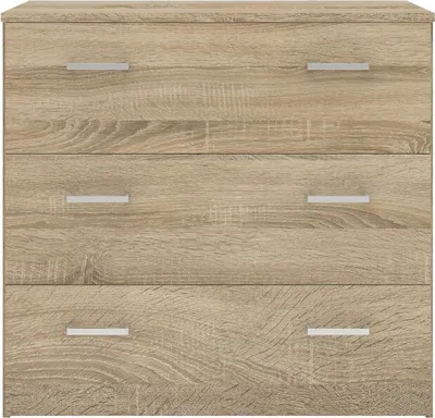 A front view of a light brown wooden dresser with four drawers and silver handles.