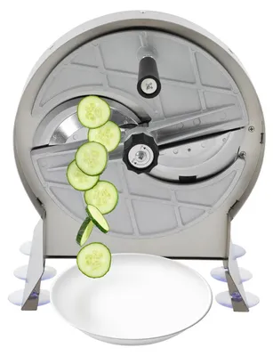 Produktbild von Manueller Gemüseschneider - Edelstahl Gemüsehobel für Obst und Gemüse - Verstellbare Schnittstärke 0,1–10 mm - Tischgerät 28,5×26,3×34,5 cm - Silber