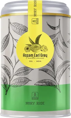 Immagine prodotto di Mary Rose - Tè Assam Earl Grey in barattolo da 50 g - In un elegante barattolo di metallo - Con olio di bergamotto, fiori d'arancio e ibisco - Armonioso, tonificante - India