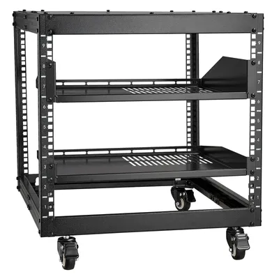 Image de Rack serveur SKYSHALO 9U à cadre ouvert, profondeur réglable de 23 à 40 pouces, design polyvalent autonome ou mural, équipé de roulettes à 360°, structure durable à 4 montants