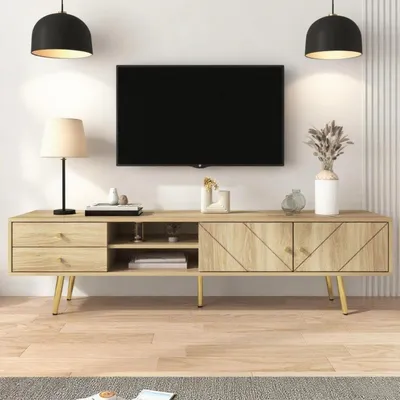 Immagine prodotto di Mobile TV a basso con gambe dorate, 160 cm, aspetto legno naturale