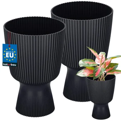 Produktbild von KOTARBAU® 2er Set Blumentopf ⌀ 14cm Orchideentopf Übertopf für Zimmerpflanzen Pflanzentopf mit Sockel Geriffelt Kelchform Kunststoff Pflanzkübel Anthrazit