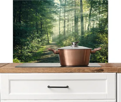 Obrázok produktu pre KitchenYeah® Splashback kitchen - Kuchynský splashback - Ochrana steny sporáka a drezu - Les - Cesta - Slnko - Stromy - Zelená - Príroda 90x60 - Alu-Dibond (alternatíva skleneného splashbacku) - Tepelne odolný