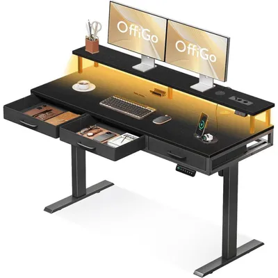Image de Bureau électrique avec tiroirs, hauteur réglable jusqu'à 140 cm, support pour écran, prises électriques, éclairage LED, couleur noire
