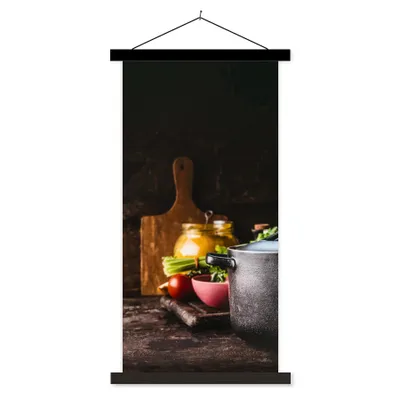 Produktbild von MuchoWow® Textilposter Rustikal - Stilleben - Pfanne - Gemüse 40x80 cm mit schwarzem Rahmen - Wandemalerei