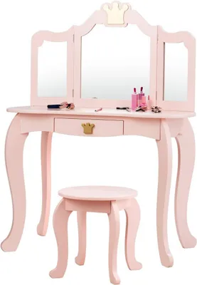 Produktbild von FANTASK Kinderschminktisch aus Holz, Mädchenschminktisch mit Hocker in rosa, Kin