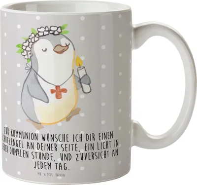 Produktbild von Mr. & Mrs. Panda Kaffeebecher Pinguin Kommunion Mädchen - Grau Pastell - Geschenk, Tasse, Gläubig, schöne, Konfirmation, Alles Gute, Trinkbecher, Gott, Teetasse