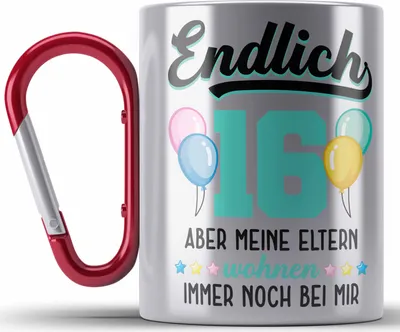 Produktbild von Trendation - 16. Geburtstag Edelstahl Tasse Karabiner Geschenk Mädchen Jungen Geschenkidee Lustig Spruch 16 Geschenke Geschenkideen zum 16 Bday 16er (Rot)