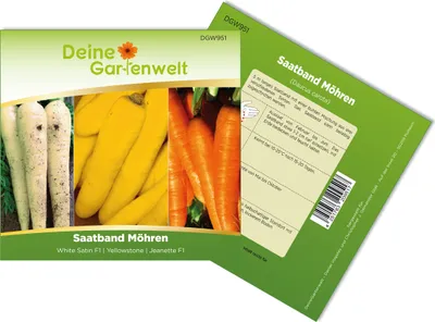 Produktbild von Saatband Möhren 5 m mit 3 Sorten: Jeanette F1, White Satin F1 und Yellowstone Samen - Daucus carota - Möhrensamen - Gemüsesamen - Saatgut