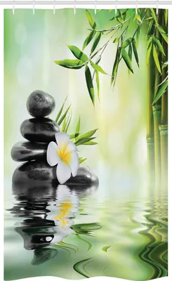 Produktbild von ABAKUHAUS Garten Schmaler Duschvorhang, Bambus japanische Relax, Badezimmer Deko Set aus Stoff mit Haken, 120 x 180 cm, Koksgraue Hellgrün