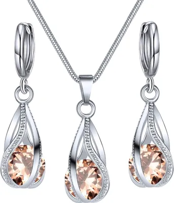 Produktbild von Silbernes Schmuckset mit Tropfenform für Damen, Zirkonia, Tropfenform, baumelnde Ohrringe und Halskette, Set für Hochzeit, Brautaccessoires