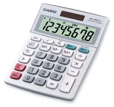 Produktbild von Casio Tischrechner MS-88ECO, 8-stellig, umweltfreundlich, Währungsumrechnung, Aluminiumfront, Solar-/Batteriebetrieb, farbe