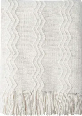 Produktbild von Domarex Akryl-Strickdecke mit Fransen 130x170 cm - Weich, Warm und Dick - Perfekt für Sofa und Bett - Dekorativer Überwurf für Gemütliche Abende -Ecru