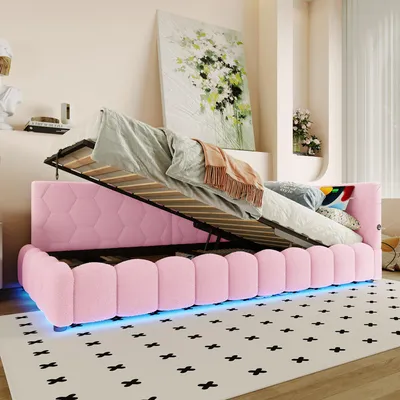 Produktbild von Schlafsofa mit Bettfunktion, Stauraum und LED-Beleuchtung 90x200 cm, Polsterbett, Einzelbett, Jugendbett, Vlies